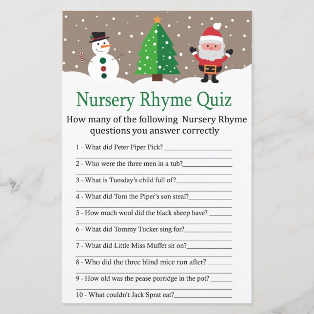 Santa,snögubbe Nursery Rhyme Quiz babyduschspel (Framsida)