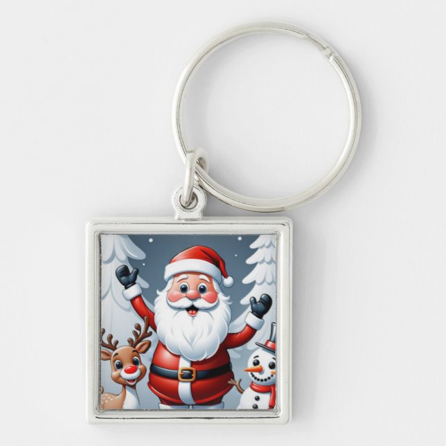 Santa, Snögubbe och Ralph the Reindeer Fyrkantig Silverfärgad Nyckelring (Framsidan)