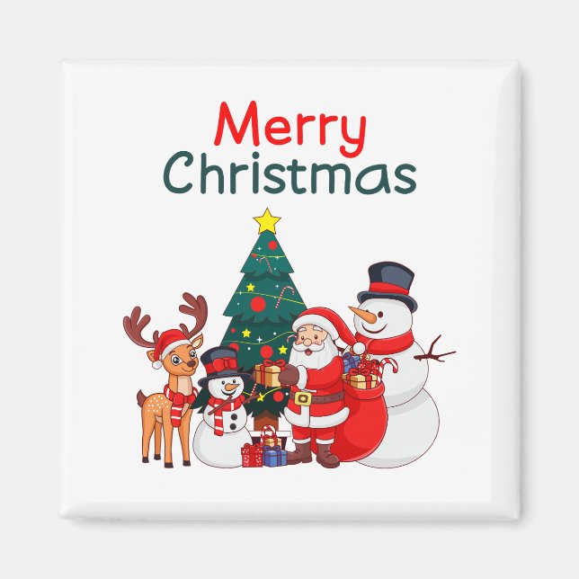 Santa, Snögubbe och renar God jul Magnet (Framsidan)