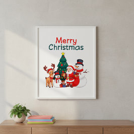 Santa, Snögubbe och renar God jul Poster