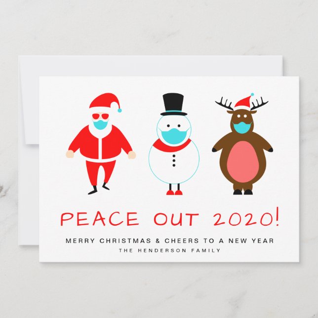 Santa Snögubbe Reindeer Mask Peace Out 2020 Funny Julkort (Framsida)