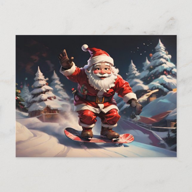 Santa snowboarding på berget helg vykort (Framsida)