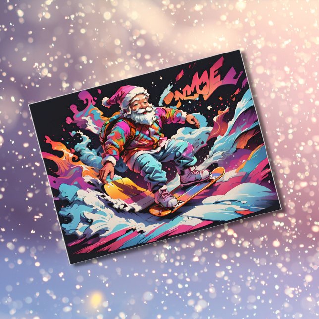 Santa snowboarding Psychedelic färg Helg Vykort (Skapare uppladdad)