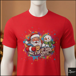 Santa Snowman Coffee Cheer Paint Splatter T Shirt