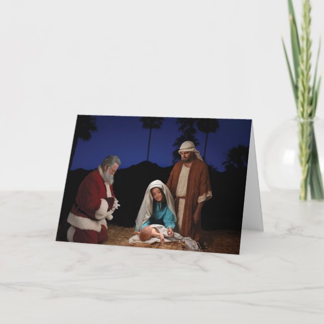 Santa som knäfaller på Nativity Helgkort (Framsida)