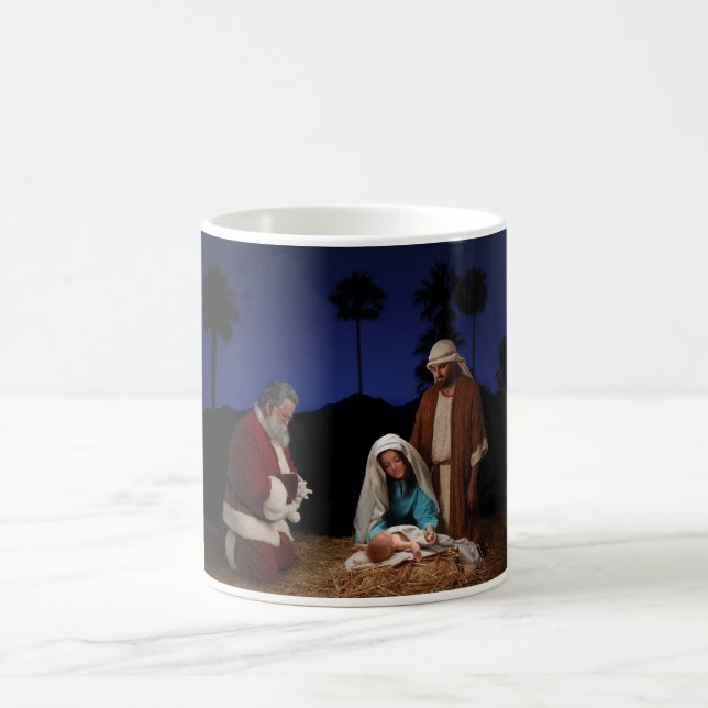 Santa som knäfaller på Nativity Kaffemugg (Center)