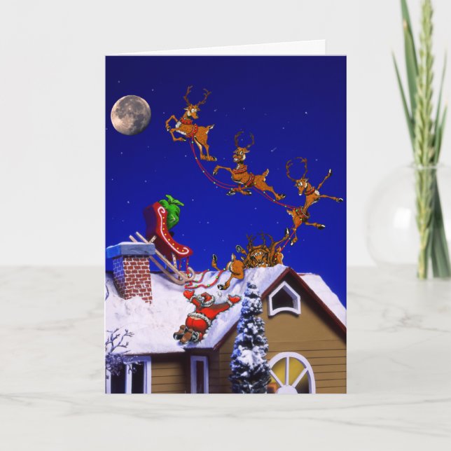 Santa som kraschar på en rooftop helgkort (Framsida)