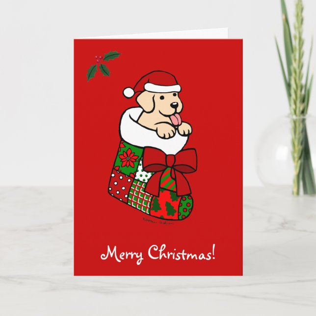 Santa som lagerför gul lab valp 2 helgkort (Framsida)