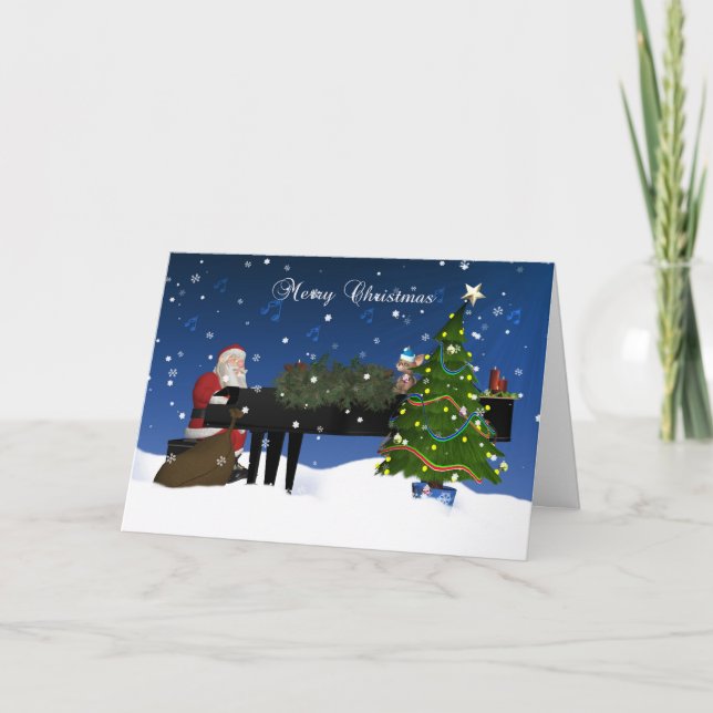 Santa som leker pianot med helgdagträd och snö helgkort (Framsida)
