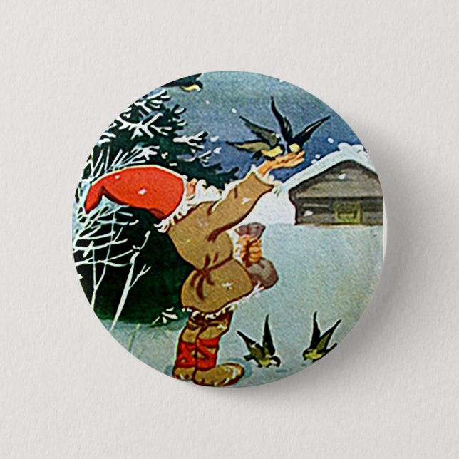 Santa som matar fåglar räcker by, i snö knapp (Framsida)