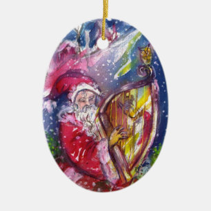 SANTA SPELAR HARP I MOONLIGHT Red Ruby-Julen Julgransprydnad Keramik
