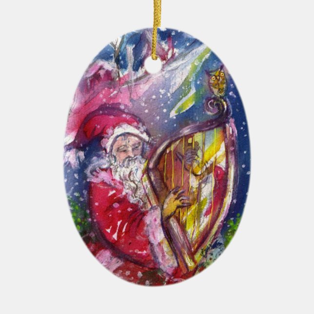 SANTA SPELAR HARP I MOONLIGHT Red Ruby-Julen Julgransprydnad Keramik (Framsidan)
