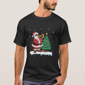 Santa Spelar Trombone Boys Girls Kids Träd Ljus T Shirt