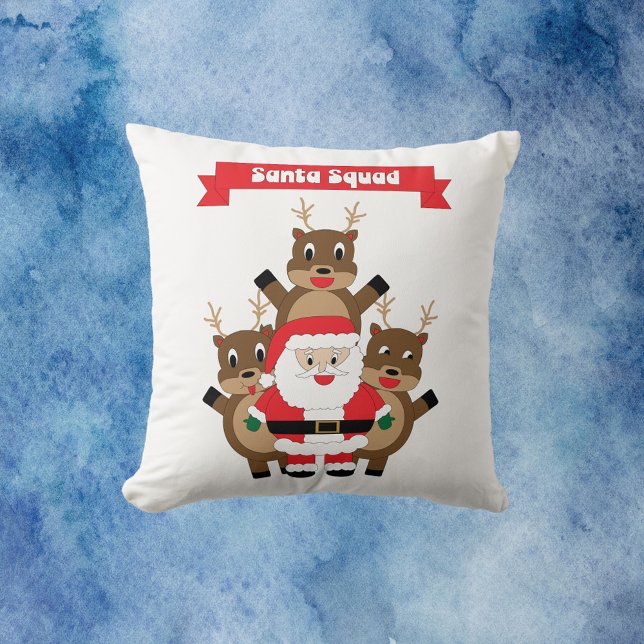 Santa Squad Funny Reindeer Kudde (A throw pillow with a funny picture of Santa and his reindeer.  The red banner reads Santa Squad.)