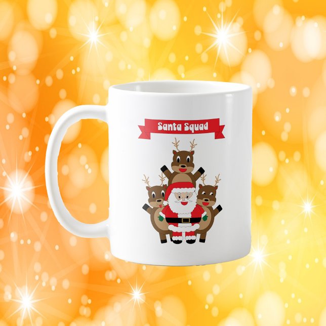 Santa Squad Reindeer Funny Kaffemugg (A mug with a funny graphic of Santa and his reindeer.  The red banner says Santa Squad.)