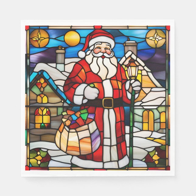 Santa Stained Glass Christmas Napkin Pappersservett (Framsidan)