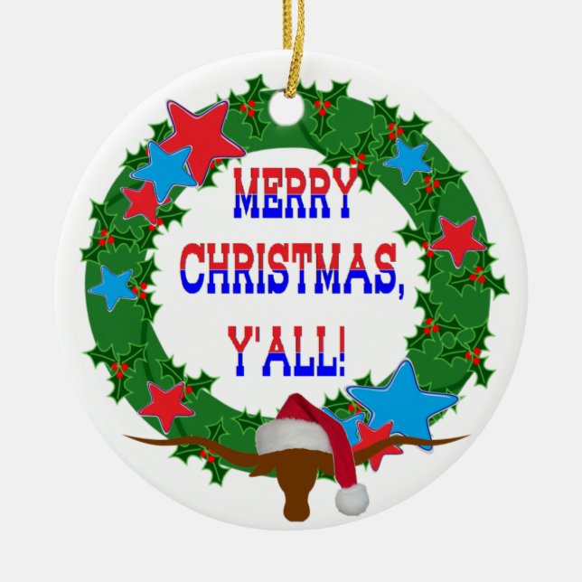 Santa Steer - God jul Y'all Julgransprydnad Keramik (Framsidan)