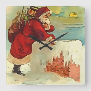 Santa Stepping in to A Rooftop Skorsten Fyrkantig Klocka