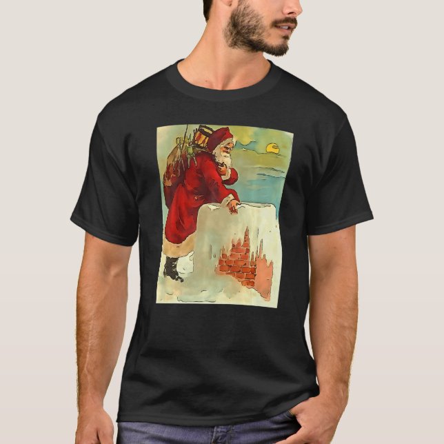 Santa Stepping Into A Rooftop Chimney Black Outlin T Shirt (Framsida)