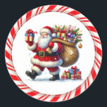 Santa Stickers Runt Klistermärke<br><div class="desc">Sticker shown with a cute Santa and candy cane print.  
Customize this item or buy as is.</div>