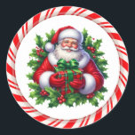 Santa Stickers Runt Klistermärke<br><div class="desc">Sticker shown with a cute Santa and candy cane print.  
Customize this item or buy as is.</div>