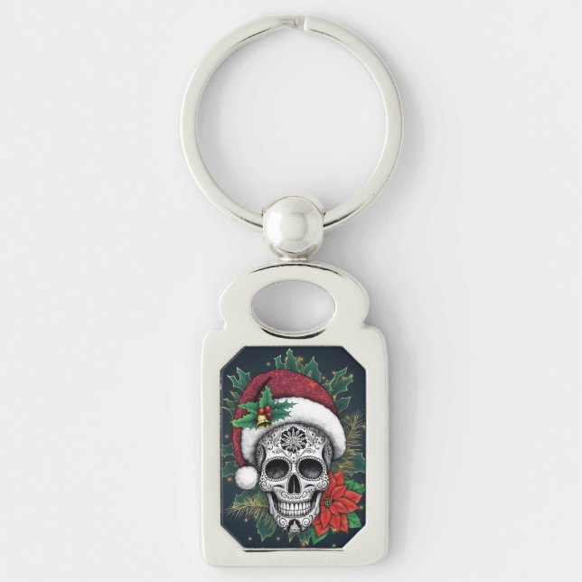 Santa Sugar Skull Rektangulärt Silverfärgad Nyckelring (Framsidan)