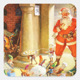 Santa Supervise Elves Baking jul Cookies Fyrkantigt Klistermärke