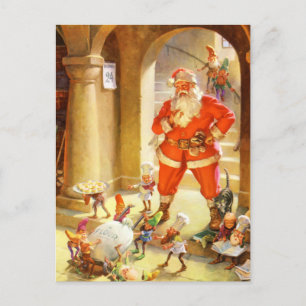 Santa Supervises Elves Baking jul Cookies Helg Vykort