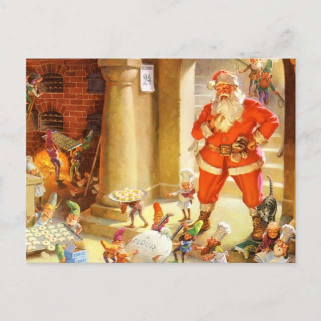 Santa Supervises Elves Baking jul Cookies Helg Vykort (Framsida)