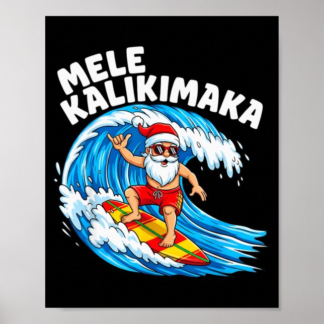 Santa Surfing Mele Kalikimaka Hawaiian Christmas  Poster (Framsidan)