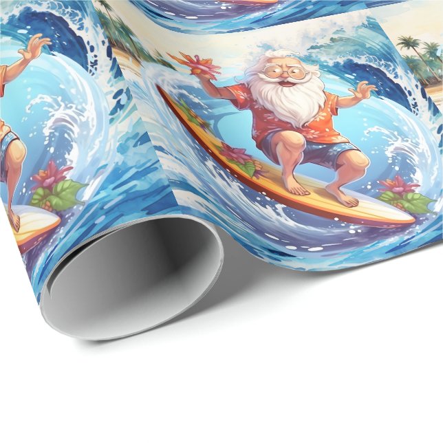 Santa surfing on big wave presentpapper (Rullad Hörn)