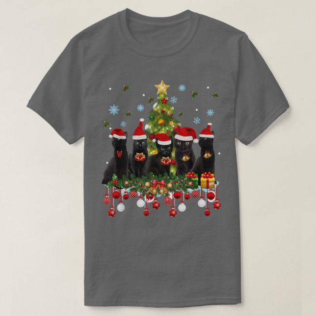 Santa Svarta katter Julgran Ljus Funny Cat L T Shirt (Design framsida)