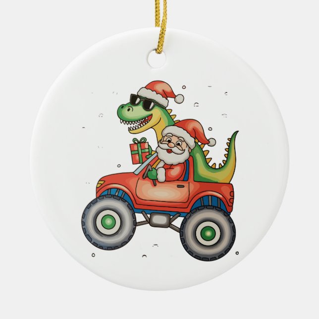 Santa T Rex Dinosaur Monster Lastbil jul Julafton Julgransprydnad Keramik (Framsidan)