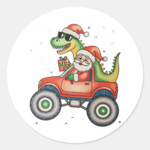 Santa T Rex Dinosaur Monster Lastbil jul Julafton Runt Klistermärke