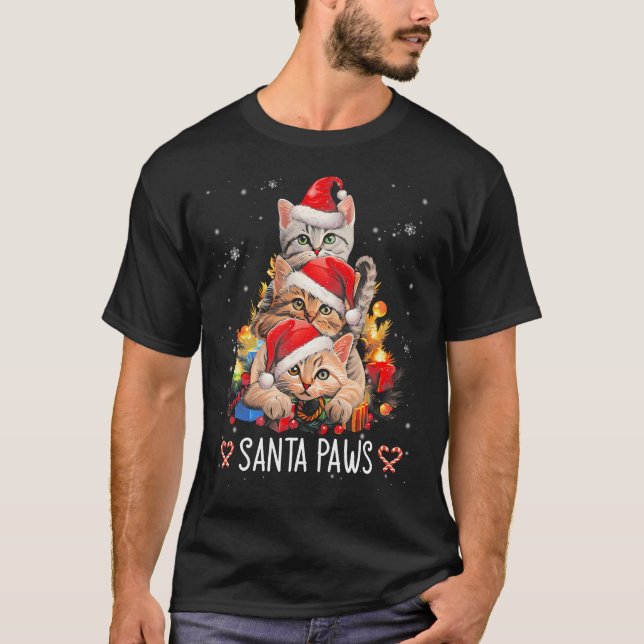 Santa Tass och Klo Santa Cat Julgran Ljus T Shirt (Framsida)