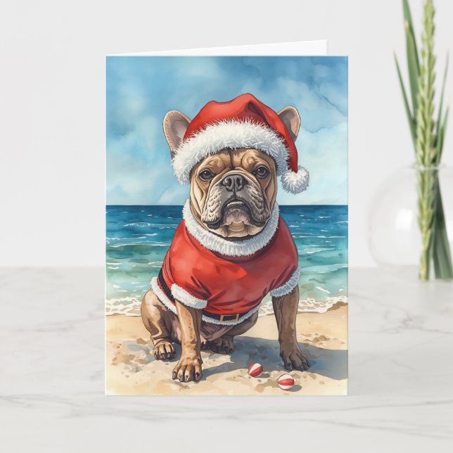 Santa Tassar Goes Coastal - Fransk Bulldog jul Kort (Framsida)