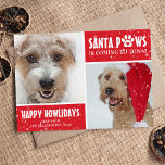 Santa Tassar Hund Photo Lycklig Howlidays jul Julkort<br><div class="desc">Lycklig God jul,  med två fotografier av hund eller katt,  den roliga texten "Santa Tassar kommer till stan!" med ett sött vitt tass och ett rött hjärta,  och ett genomskinligt överlägg från snö till ge för det kort som vintern känner. All text och bilder är enkelt att anpassa.</div>