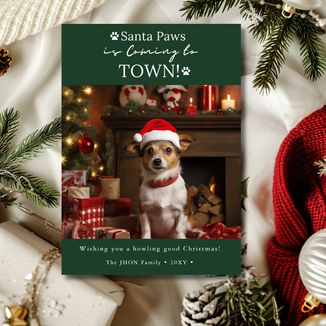 Santa Tassar kommer till Town Mörk grönt Hund Phot Julkort (Skapare uppladdad)