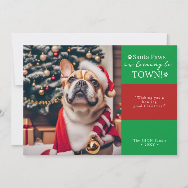 Santa Tassar kommer till Town! Rolig hund foto Julkort (Framsida)