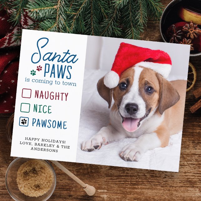 Santa Tassar Naughty Nice Pawsome Pet Hund Photo Helg Vykort (Skapare uppladdad)