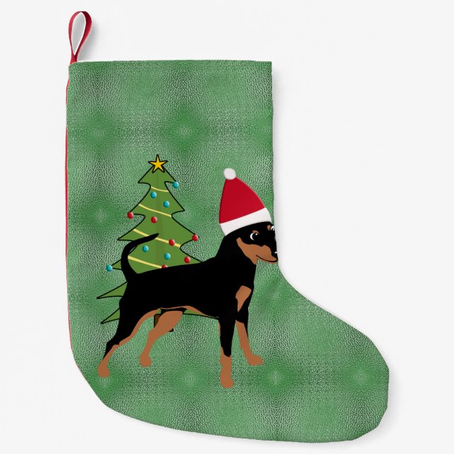 Santa Tecknad Black och Tan Miniature Pinscher Liten Julstrumpa (Framsidan)