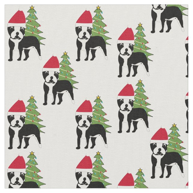 Santa Tecknad Boston Terrier Tyg (Närbild)