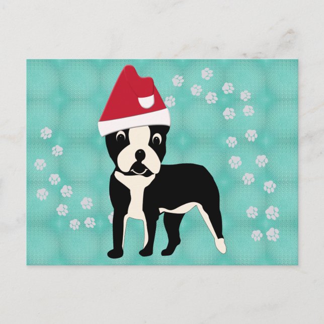 Santa Tecknad Boston Terrier Vykort (Framsida)
