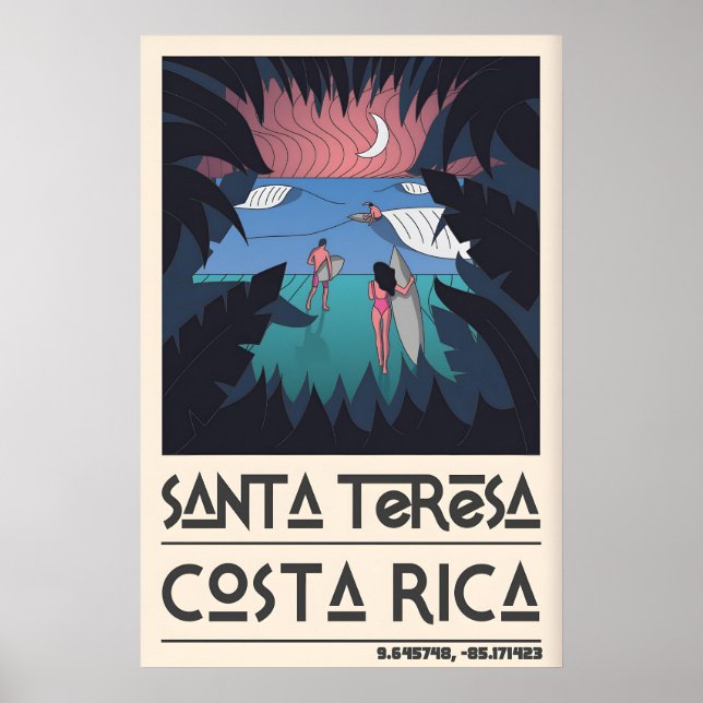 Santa Teresa Surf Art, stiliserade surfare och pal Poster (Framsidan)