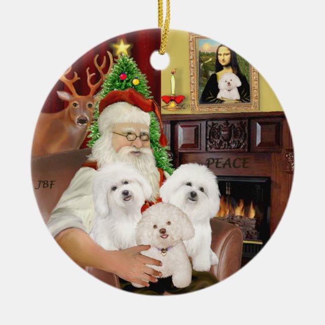 Santa - Three Bichon Frise Julgransprydnad Keramik (Framsidan)