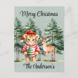 Santa Tiger och Gräs-Träd-julen Vykort