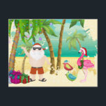 Santa, Tropical Birds, Palm Trees Beach Christmas Helg Vykort<br><div class="desc">This Christmas holiday greeting postcard features cute and colorful tropical birds wearing Santa hats.  They are walking on the beach beneath to meet Santa under a palm tree decorated with ornaments and lights.
Greeting ~ Sending you Warmest Wishes this Holiday Season
Some graphics by artwork&@delightful-doodles.com and slslines.etsy.com</div>