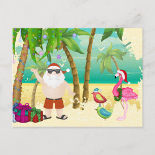 Santa, Tropical Birds, Palm Trees Beach Christmas Helg Vykort