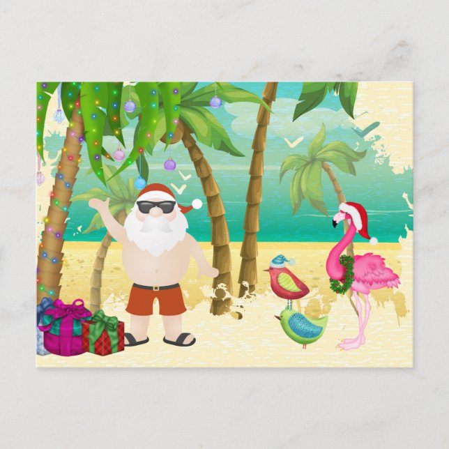 Santa, Tropical Birds, Palm Trees Beach Christmas Helg Vykort (Framsida)
