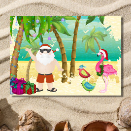 Santa, tropiska fåglar, Handflatan Träd Beach-jule Helgkort